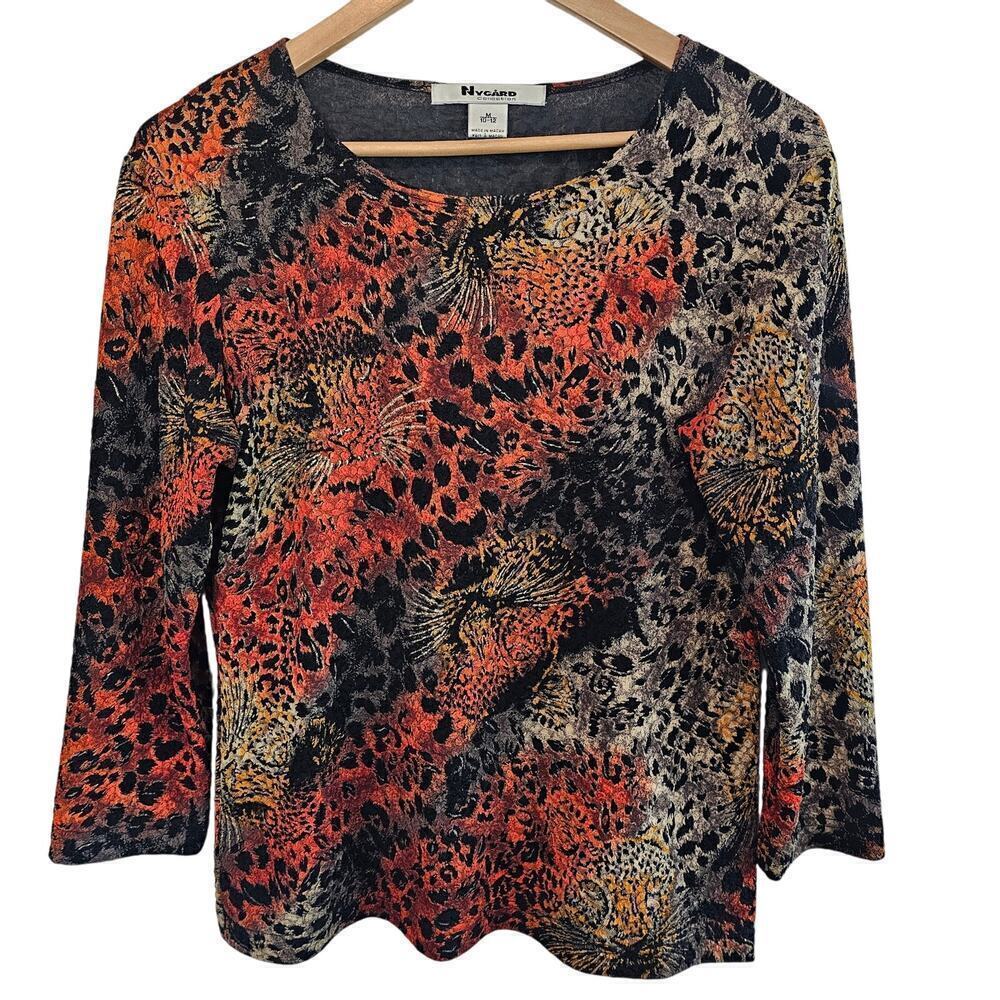 Y2K Nygard Womens Blouse Medium Orange Black Animal Print Jaguar Retro Indie Top